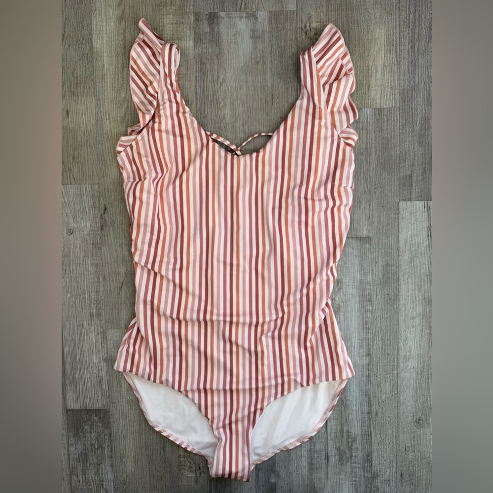 Janela Bay Women’s XL Striped One Piece Swim Suit Ruffle Shoulder NWOT